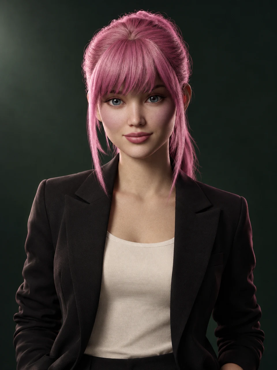 Aria in a polished black blazer over a cream top, smiling with quiet confidence against a deep green backdrop, ready to help.